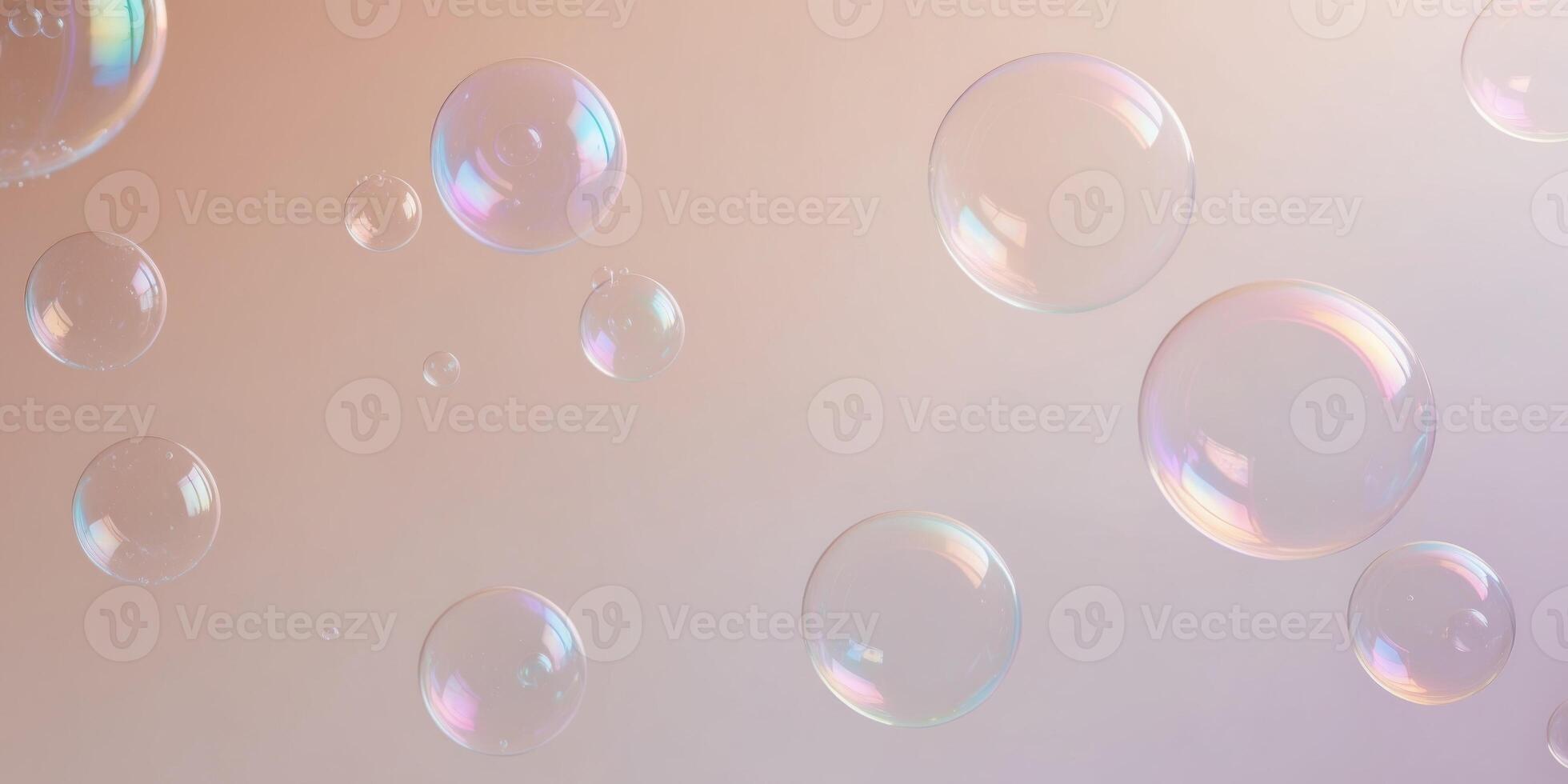 Soap bubbles are floating on a pastel background with iridescent reflections. photo