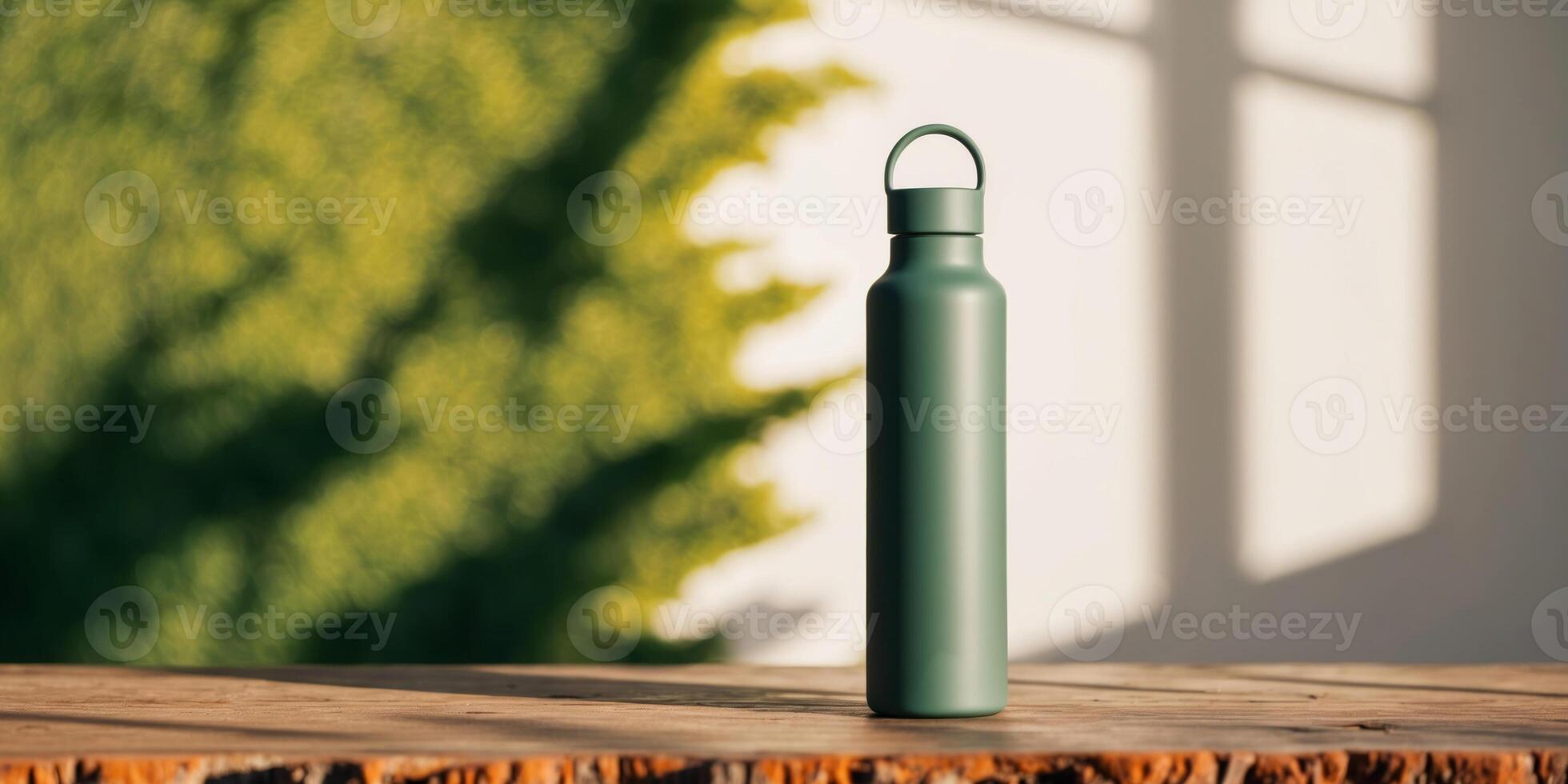 Reusable water bottle standing on wooden surface with sunlight and shadows on a green background. photo