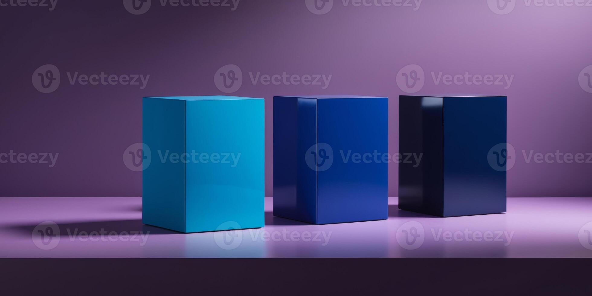 three blue cubes in shades of blue on purple background arranged in row for modern product display showcase mockup background. photo