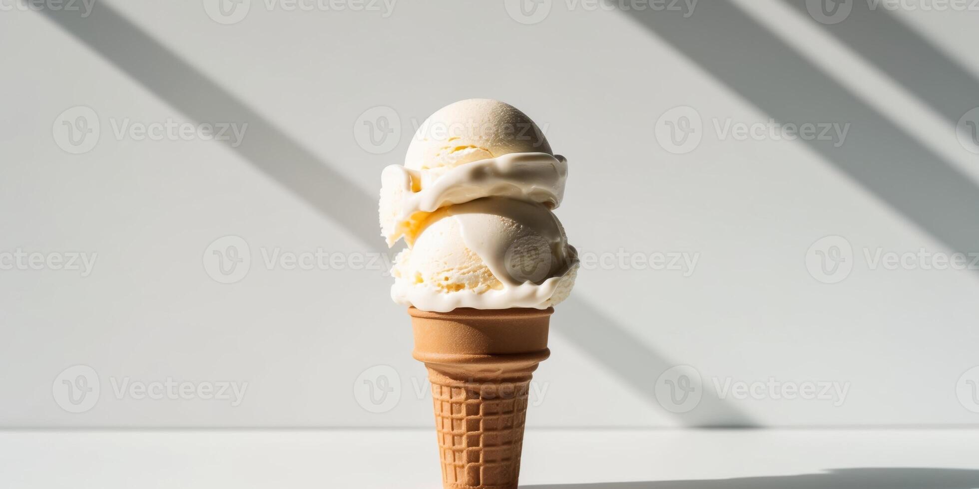 Creamy Vanilla Ice Cream Cones Sweet Treat Summer Dessert. photo