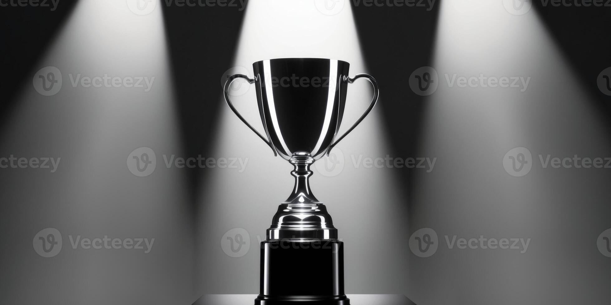 Shiny trophy illuminated by spotlights on a pedestal in dark background. photo