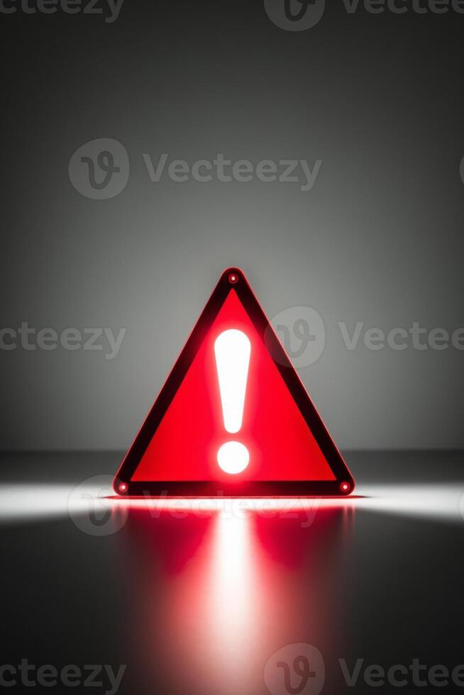 glowing neon red triangle sign with exclamation point on dark warning indicator alert signal. photo