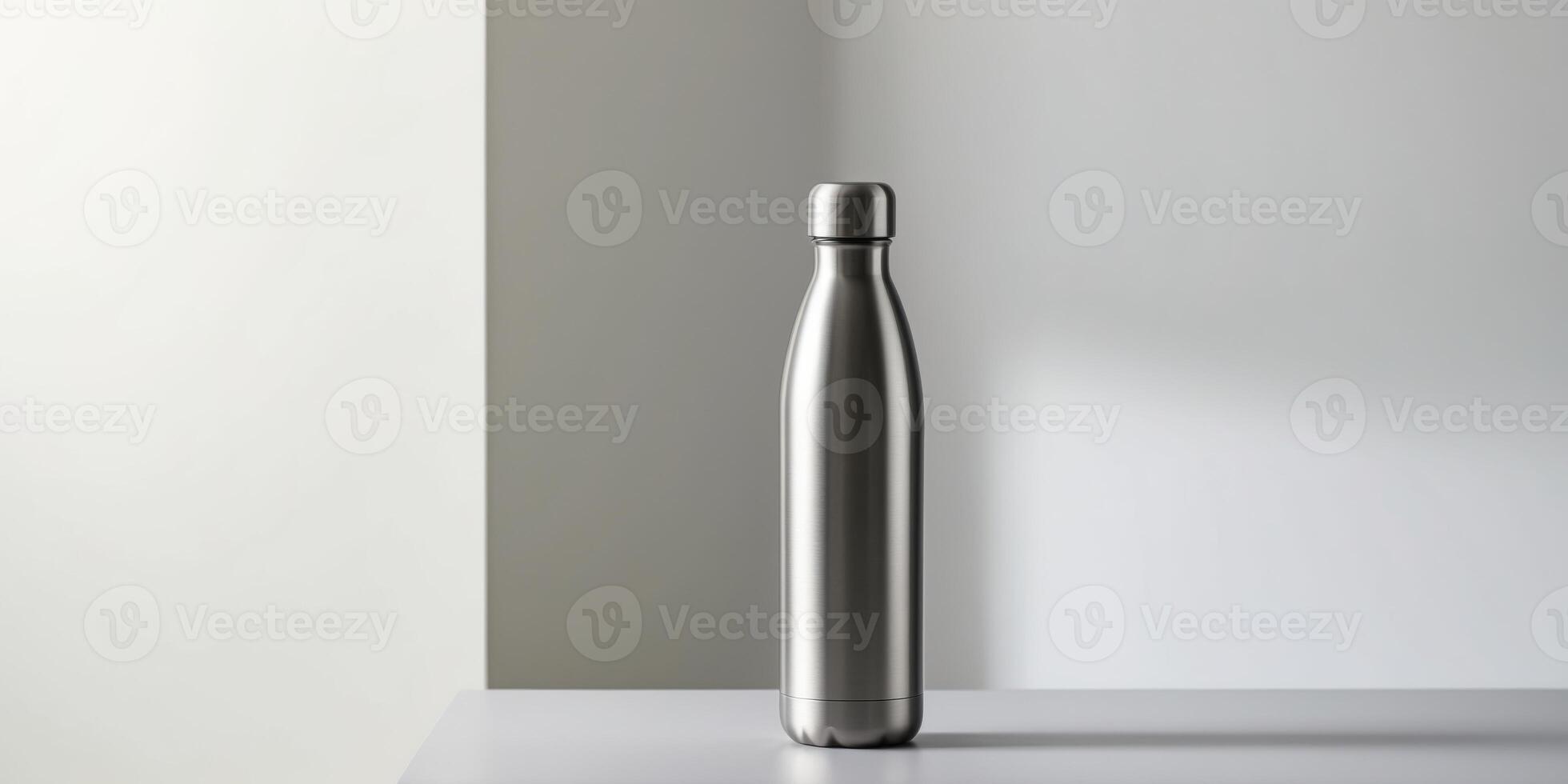 Reusable water bottle is standing on a gray surface with a light gradient background. photo