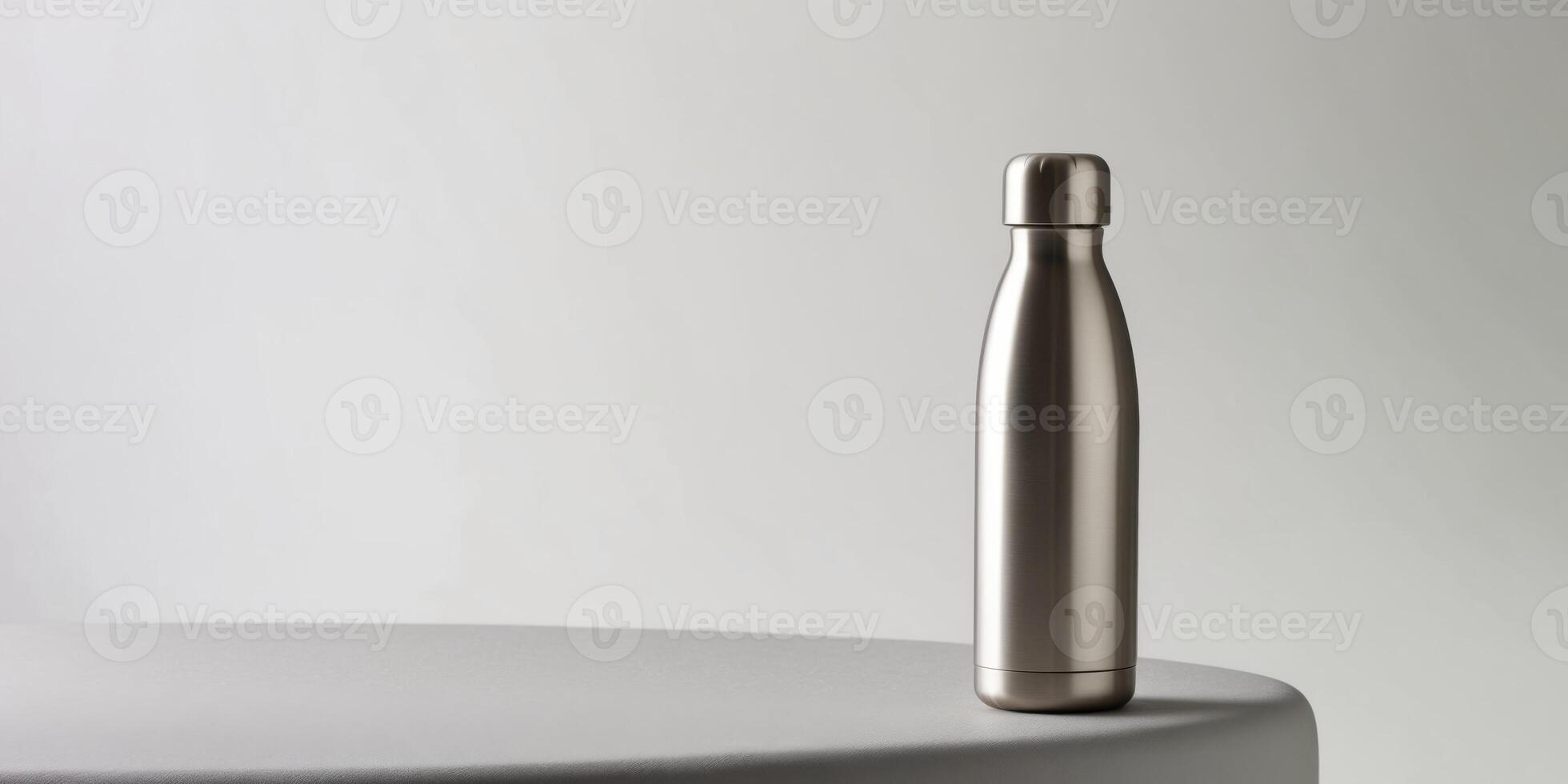 Reusable water bottle is standing on a gray surface with a light gradient background. photo