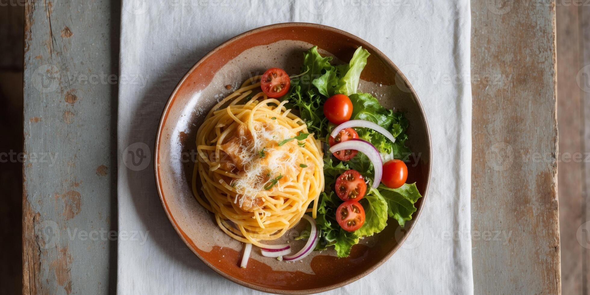 Cheesy spaghetti nests with fresh salad on rustic plate. photo