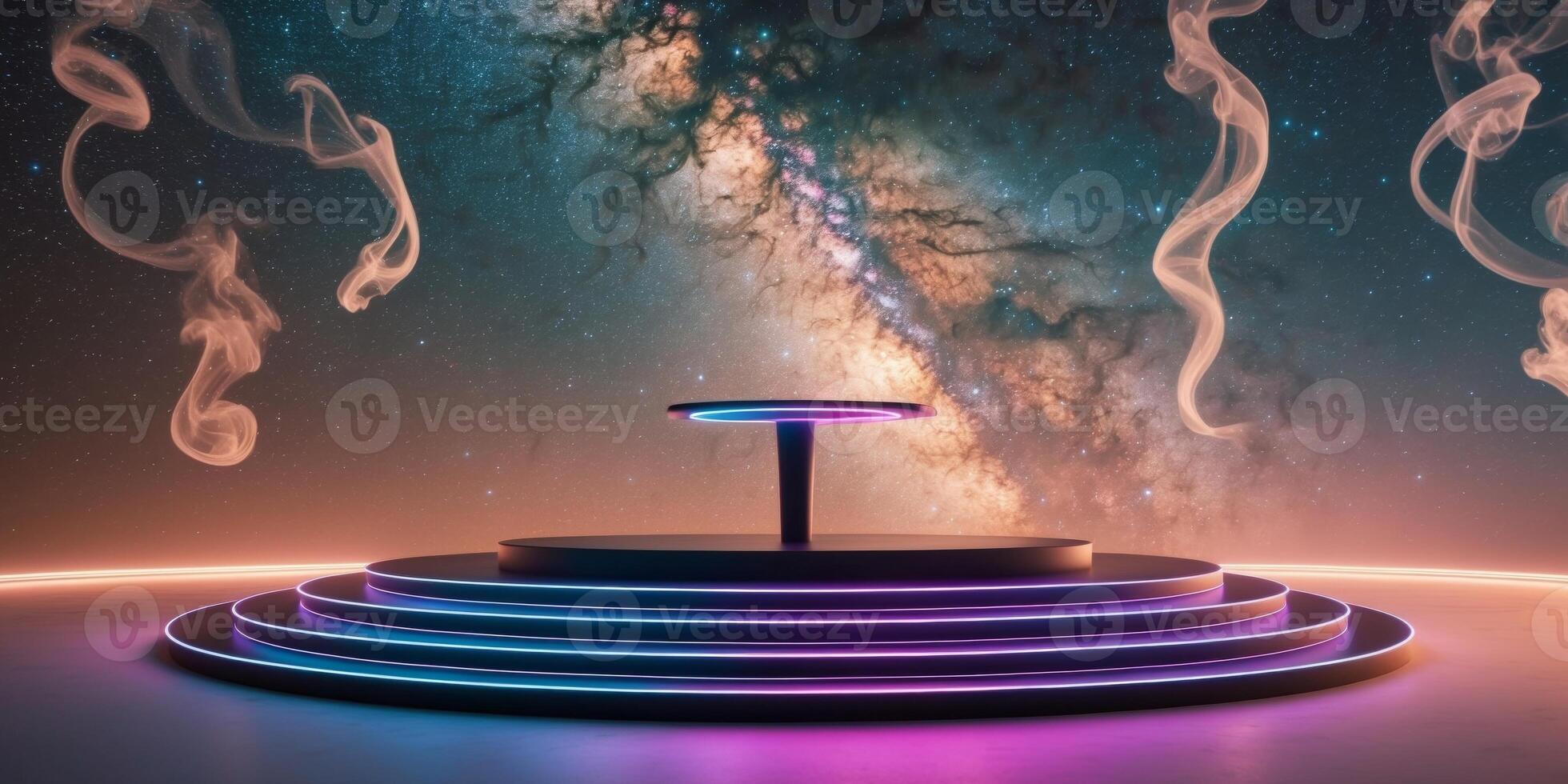 Empty round podium illuminated by colorful neon lights is standing on a galaxy background with smoke. photo