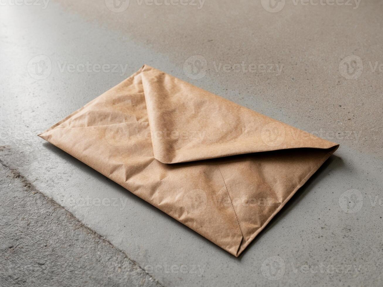 A brown kraft paper envelope lay on the concrete floor mock up. photo