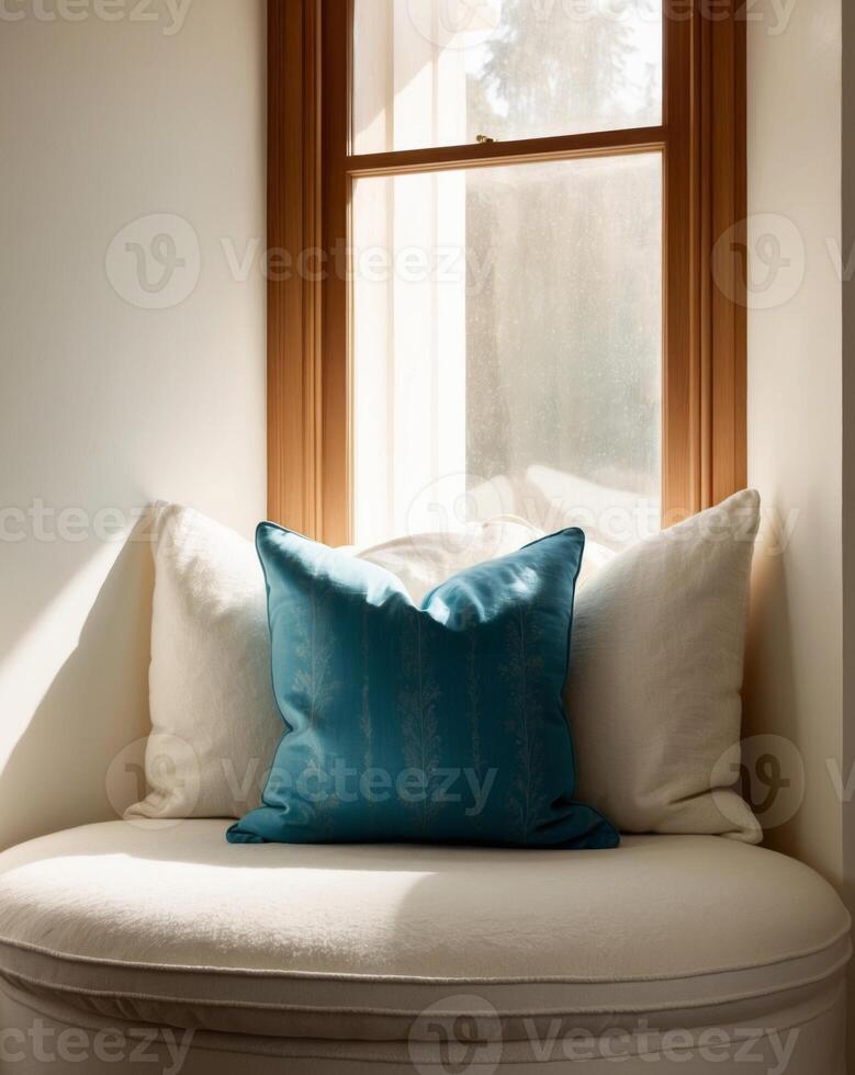 Cozy corner featuring a white cushion and blue pillow by the window with natural light. photo