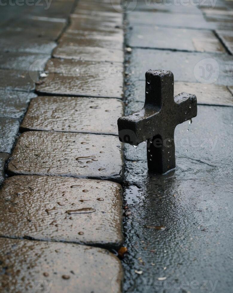 A cross on cobblestone surrounded by water drops cascading down concrete surfaces. photo
