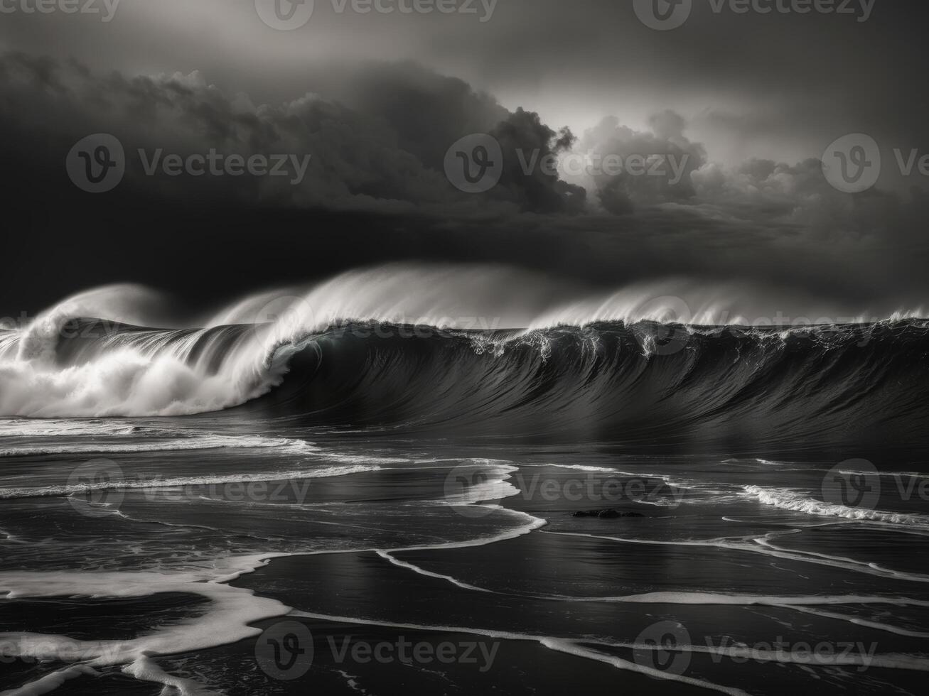 Majestic Ocean Waves Captured in Dark and Stormy Atmosphere Featuring Turbulent Water Dynamics and Mystical Light Reflections on the Surface. photo