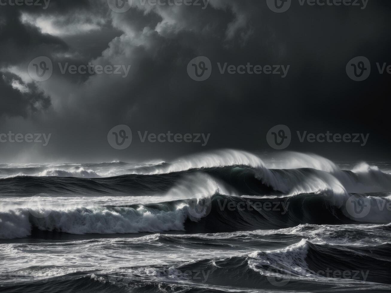 Majestic Ocean Waves Captured in Dark and Stormy Atmosphere Featuring Turbulent Water Dynamics and Mystical Light Reflections on the Surface. photo