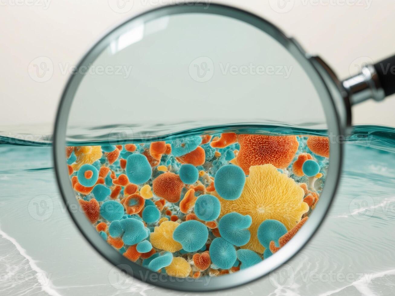 Discovering the microscopic world beneath the waves with a magnifying glass revealing colorful fungal spores in seawater. photo