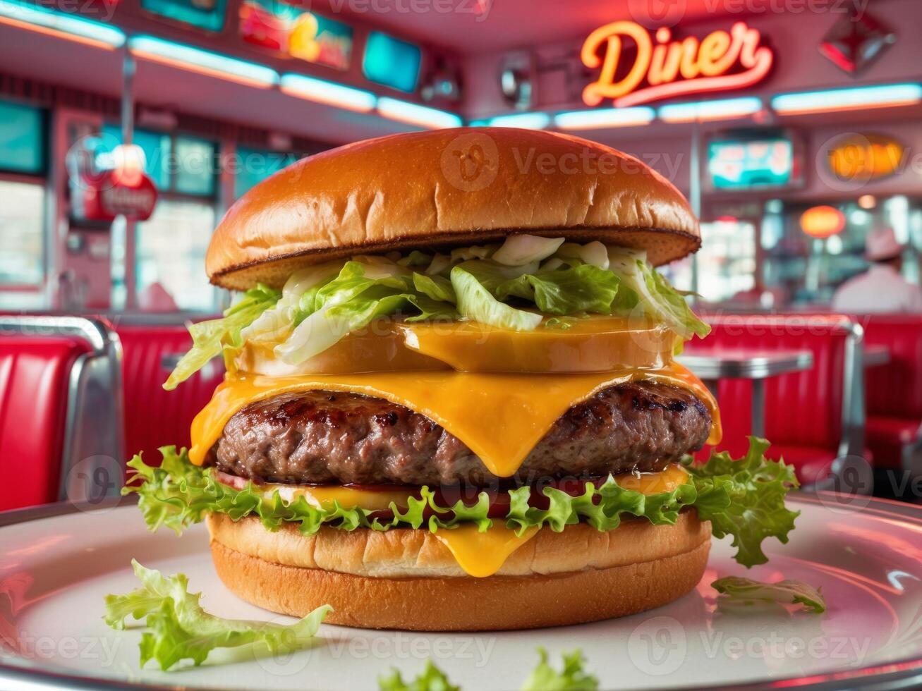 Retro fast food burger delight vibrant diner setting mouthwatering visual inviting atmosphere flavorful experience. photo