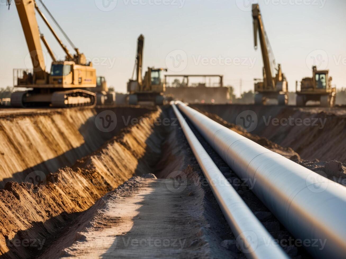 Long horizontal oil and gas pipeline prepared for laying in an open pit construction site with machinery in the background. photo