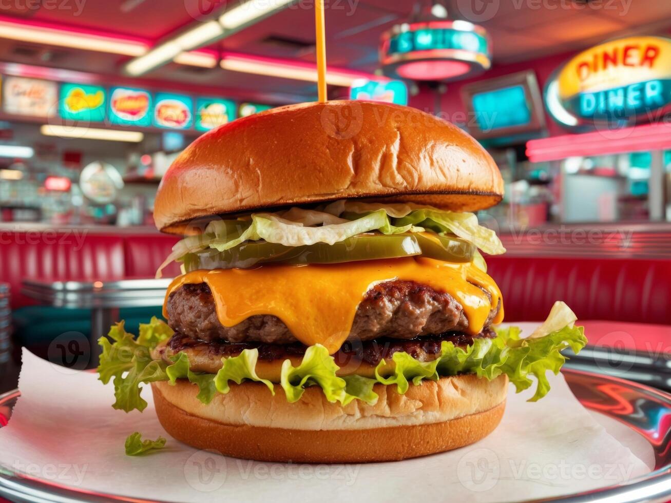 Retro fast food burger delight vibrant diner setting mouthwatering visual inviting atmosphere flavorful experience. photo