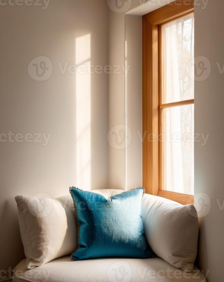 Cozy corner featuring a white cushion and blue pillow by the window with natural light. photo