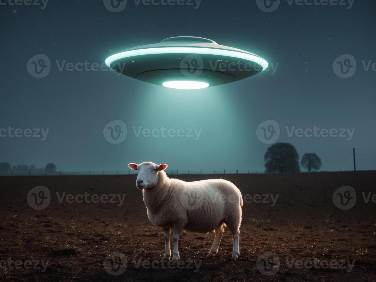 Sheep is standing in a farm field at night as an extraterrestrial spaceship hovers in the sky above. photo
