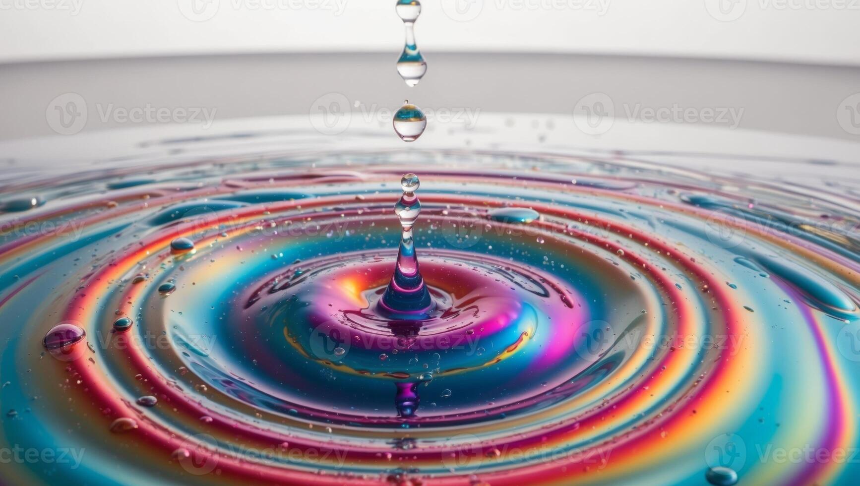 Vibrant water droplets creating ripples in colorful liquid surface. photo