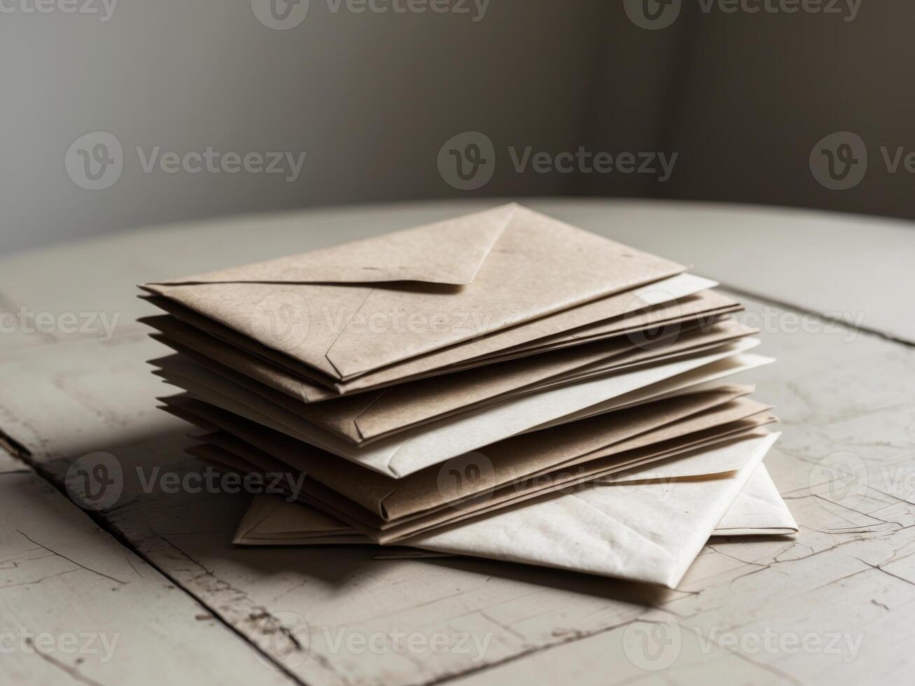 A stack of brown paper envelopes rests on a wooden table. photo