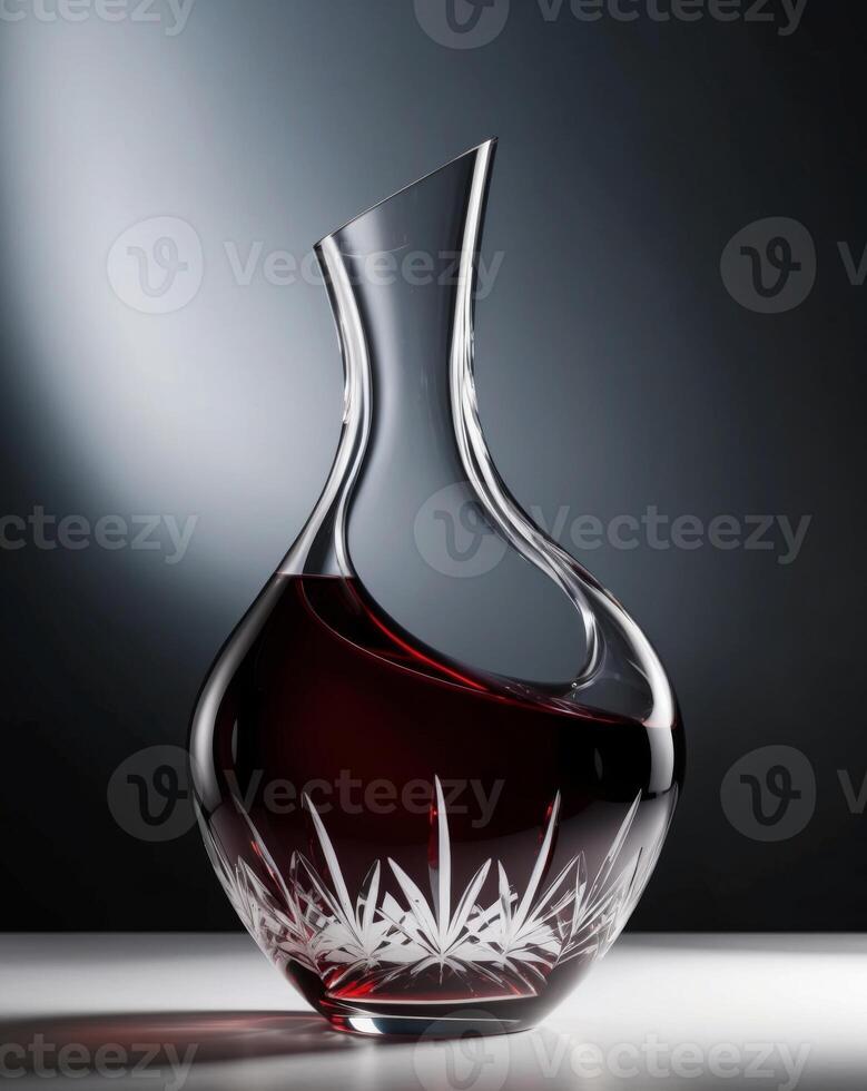 Elegant decanter with red wine swirling aroma dark background. photo