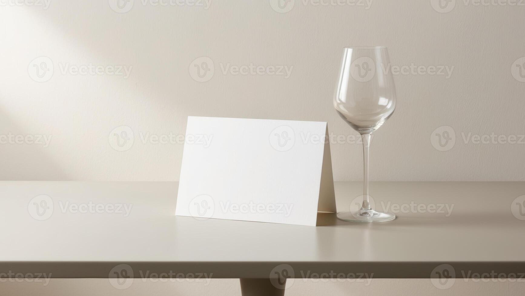 A table with a white card and a wine glass. photo