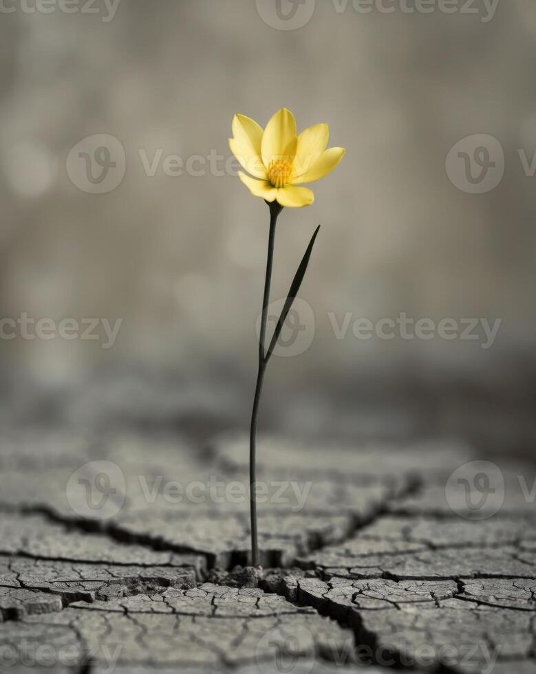 A flourishing yellow flower in harsh soil brings positivity amid chaos. photo