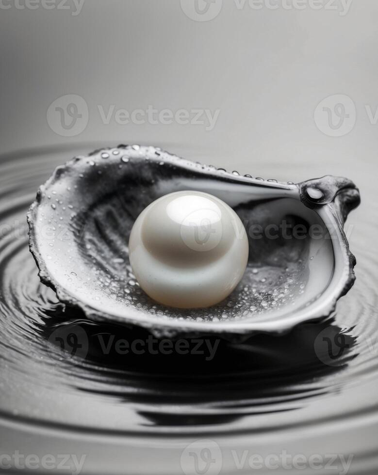 natural pearl inside oyster shell sea water wet surface. photo