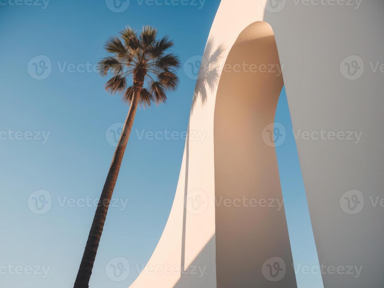 A Palm Tree Grows Beside an Archway Leading to a Blue Sky. photo