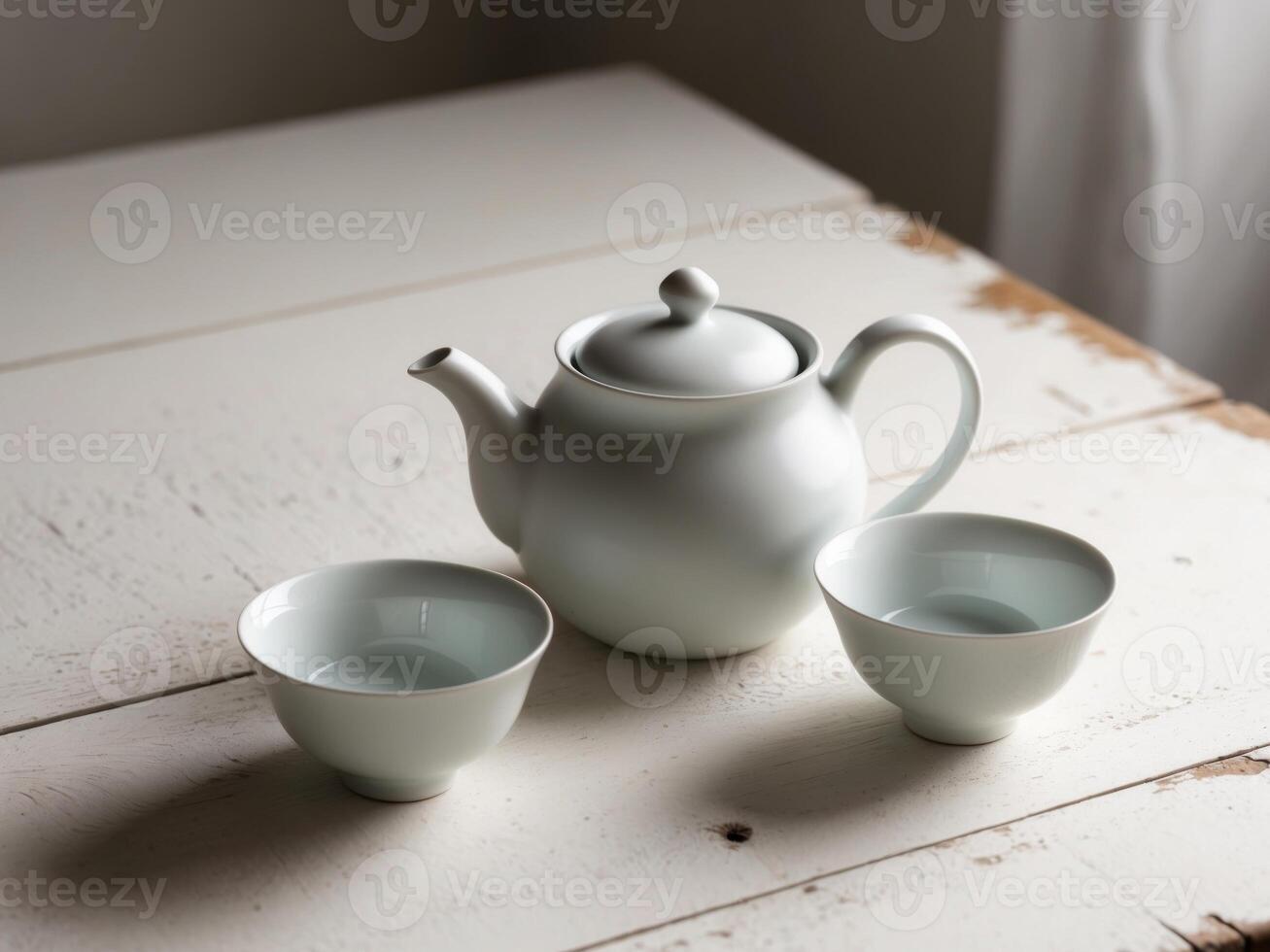 A teapot and two cups sitting on a wooden table. photo