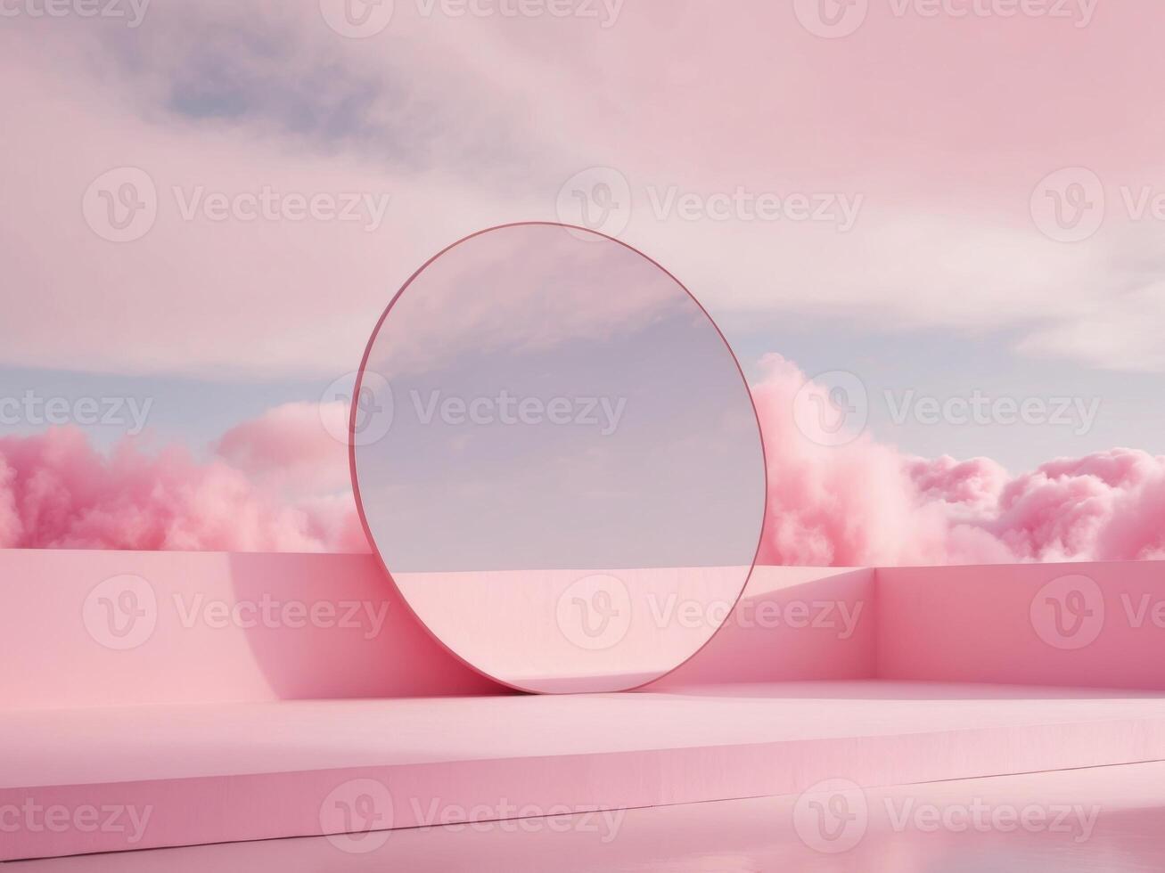 Pink abstract stage with fluffy clouds and large reflective circle. photo