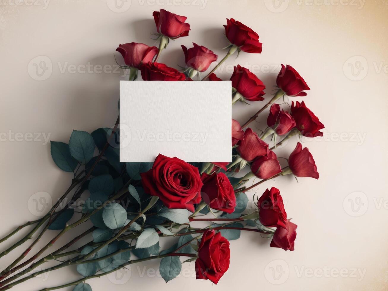 Valentine's Day Mockup Featuring a Blank Card Nestled in a Bouquet of Red Roses. photo