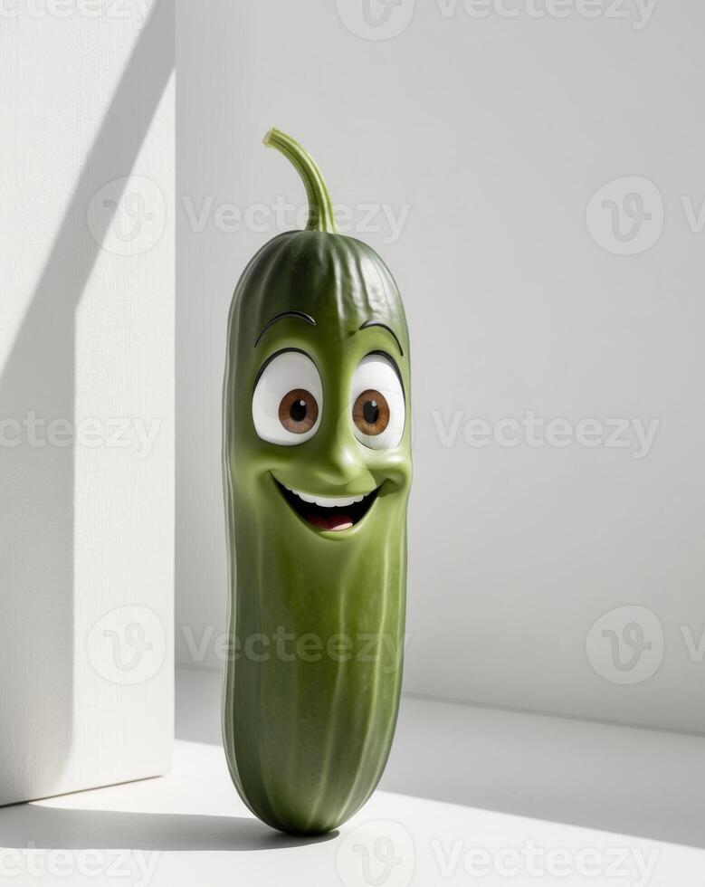 Smiling Cucumber Cartoon Character with Big Eyes and Fun Expression. photo