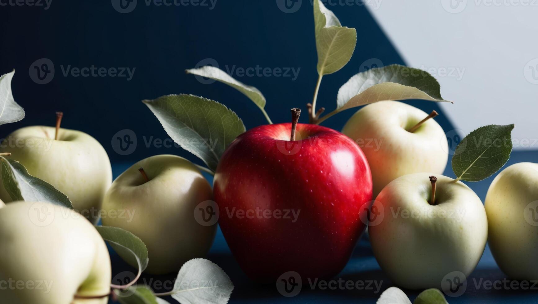 A red apple sits surrounded by white apples and green leaves on a dark blue background. photo