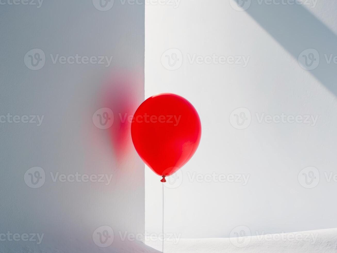 a bright red balloon with a string on a white backdrop. photo