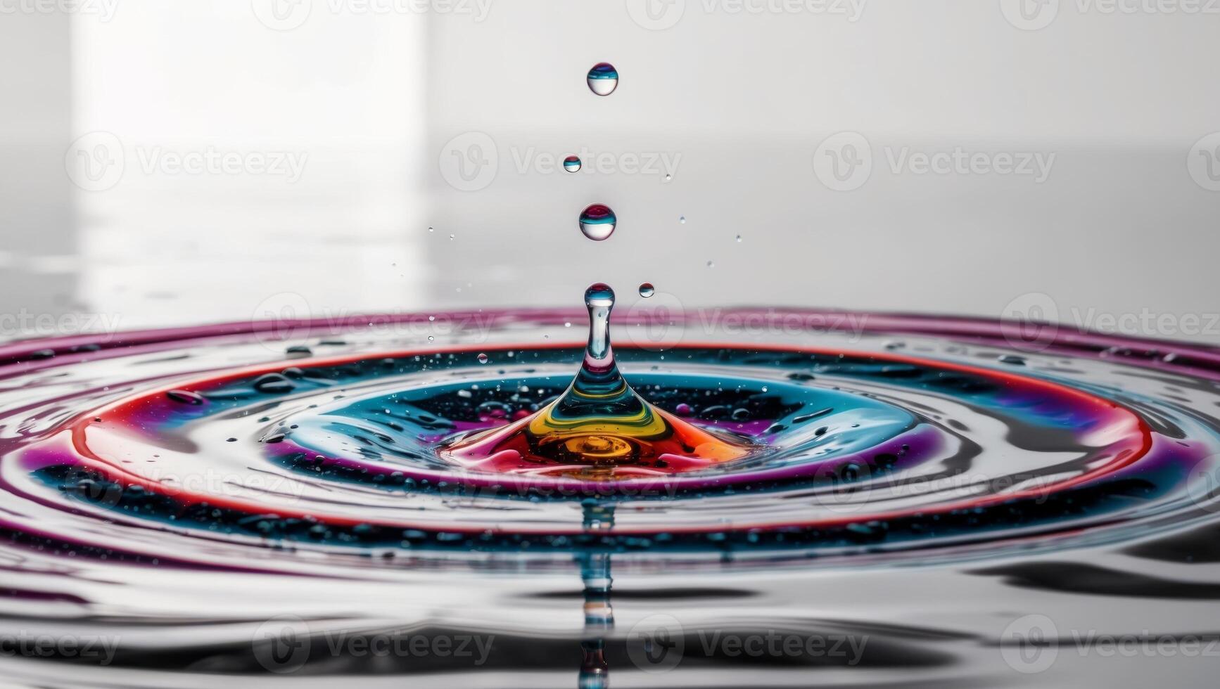 Vibrant water droplets creating ripples in colorful liquid surface. photo