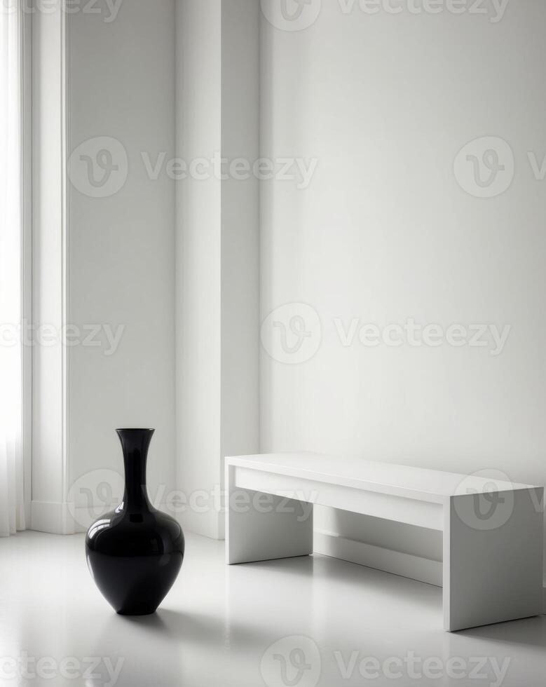 A white room with a black vase and a white bench. photo