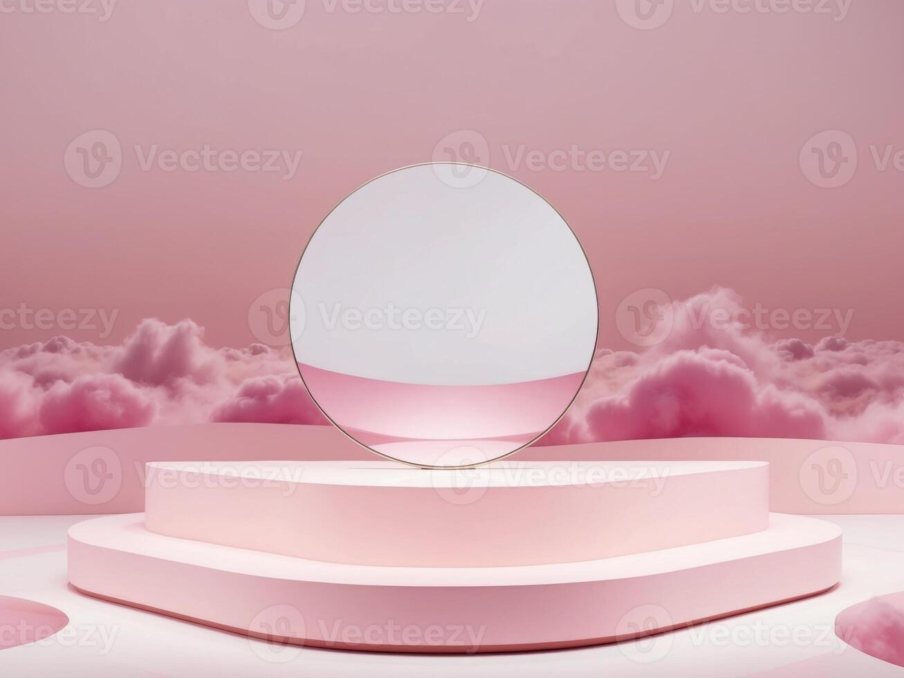 Pink abstract stage with fluffy clouds and large reflective circle. photo