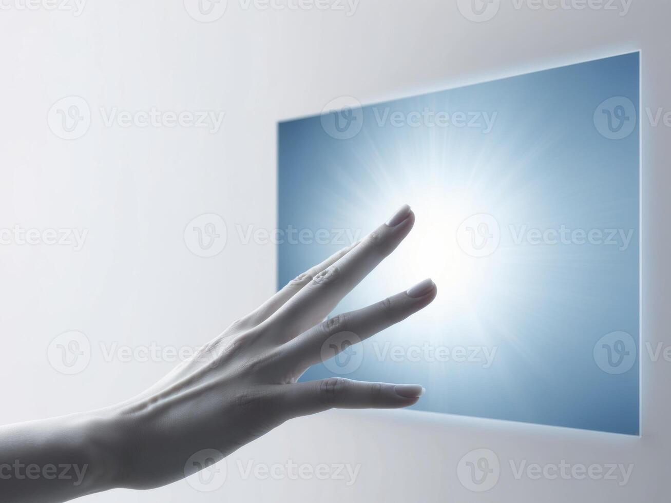 digital hand reaches out to interact with glowing screen technology background. photo