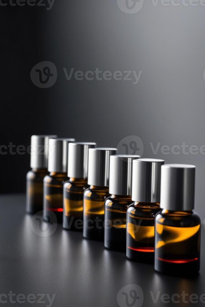 Bottles of aromatherapy essential oil in a row on dark background. photo