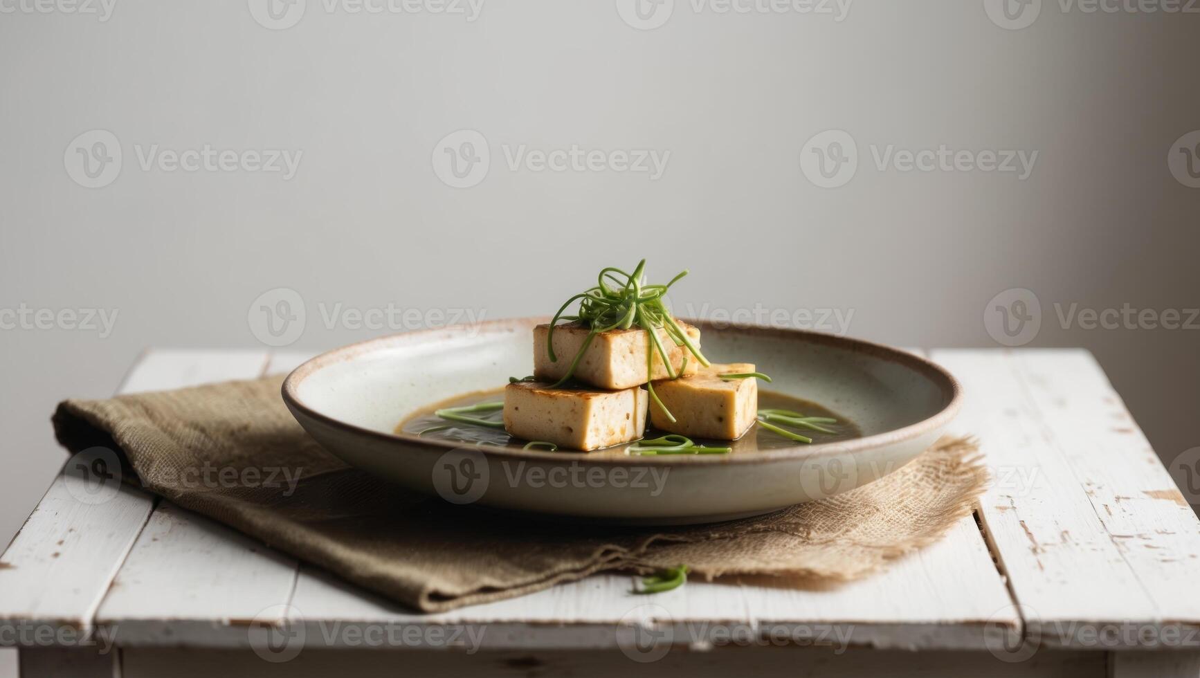 A Delectable Serving of Marinated Tofu in a Rustic Bowl on a Wooden Table. photo
