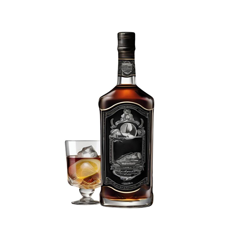 A dark rum bottle with an intricate vintage label design, placed next to a glass filled with rum photo