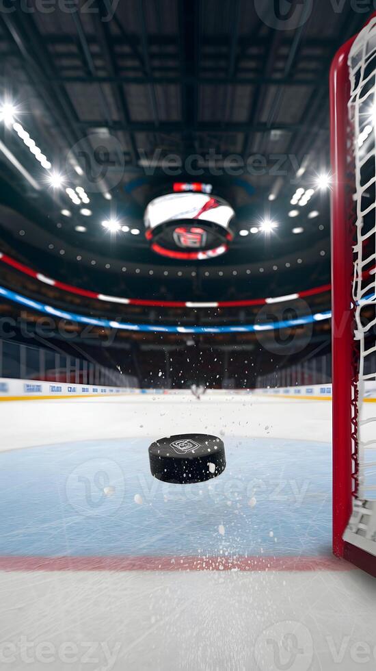 Ice hockey puck speeding toward net, trailing ice, emphasizing fast paced action Vertical Mobile Wallpaper photo