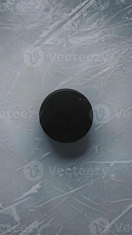 Hockey puck resting on scratched, reflective ice, emphasizing intensity of sport Vertical Mobile Wallpaper photo