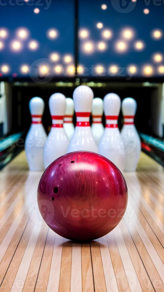 Shiny red bowling ball rests on the lane, pins lined in a triangular formation Vertical Mobile Wallpaper photo
