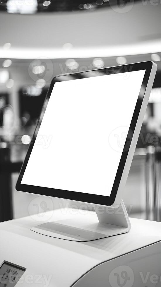 Blank digital monitor on a white surface, soft indoor lighting and blurred background Vertical Mobile Wallpaper photo