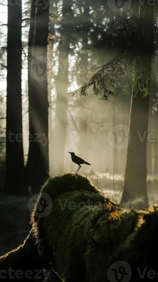Forest at dawn with sunlight filtering through trees and bird perched on log Vertical Mobile Wallpaper photo