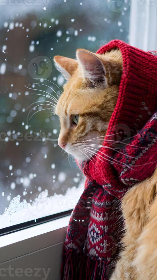 Ginger cat wrapped in red scarf, gazing at snow outside a window Vertical Mobile Wallpaper photo