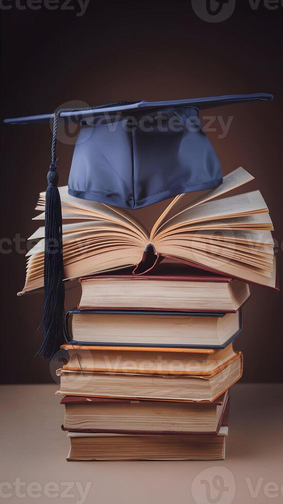 Graduation cap rests atop a stack of books, highlighting academic achievement Vertical Mobile Wallpaper photo