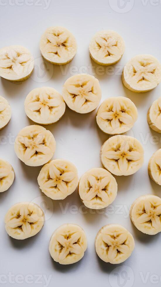 Multiple banana slices arranged in a star like pattern on a white background Vertical Mobile Wallpaper photo