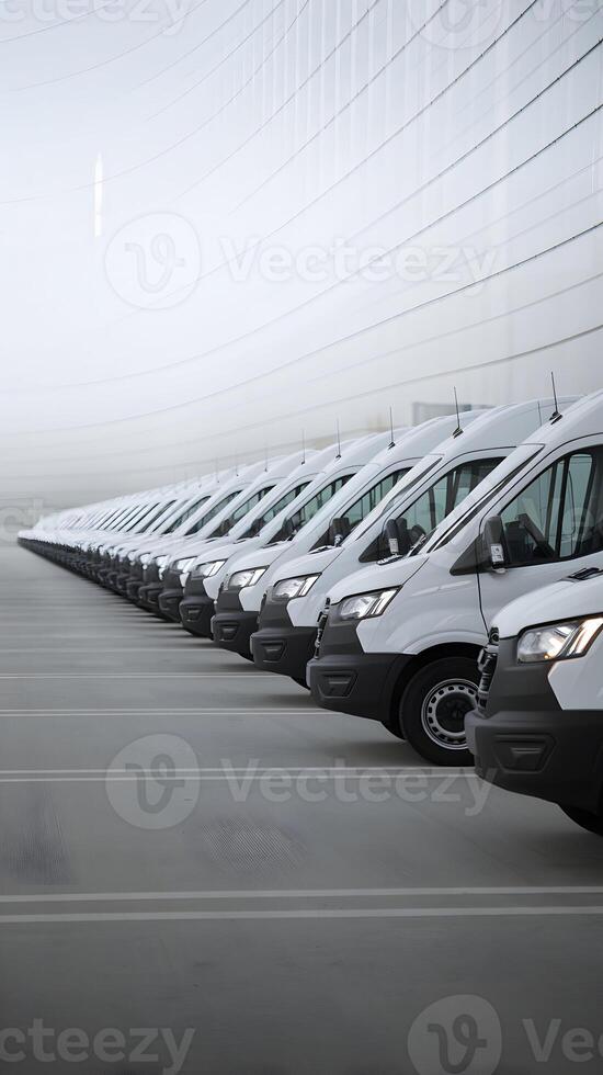 White vans parked in line, first van slightly blurred emphasizing depth and scale Vertical Mobile Wallpaper photo